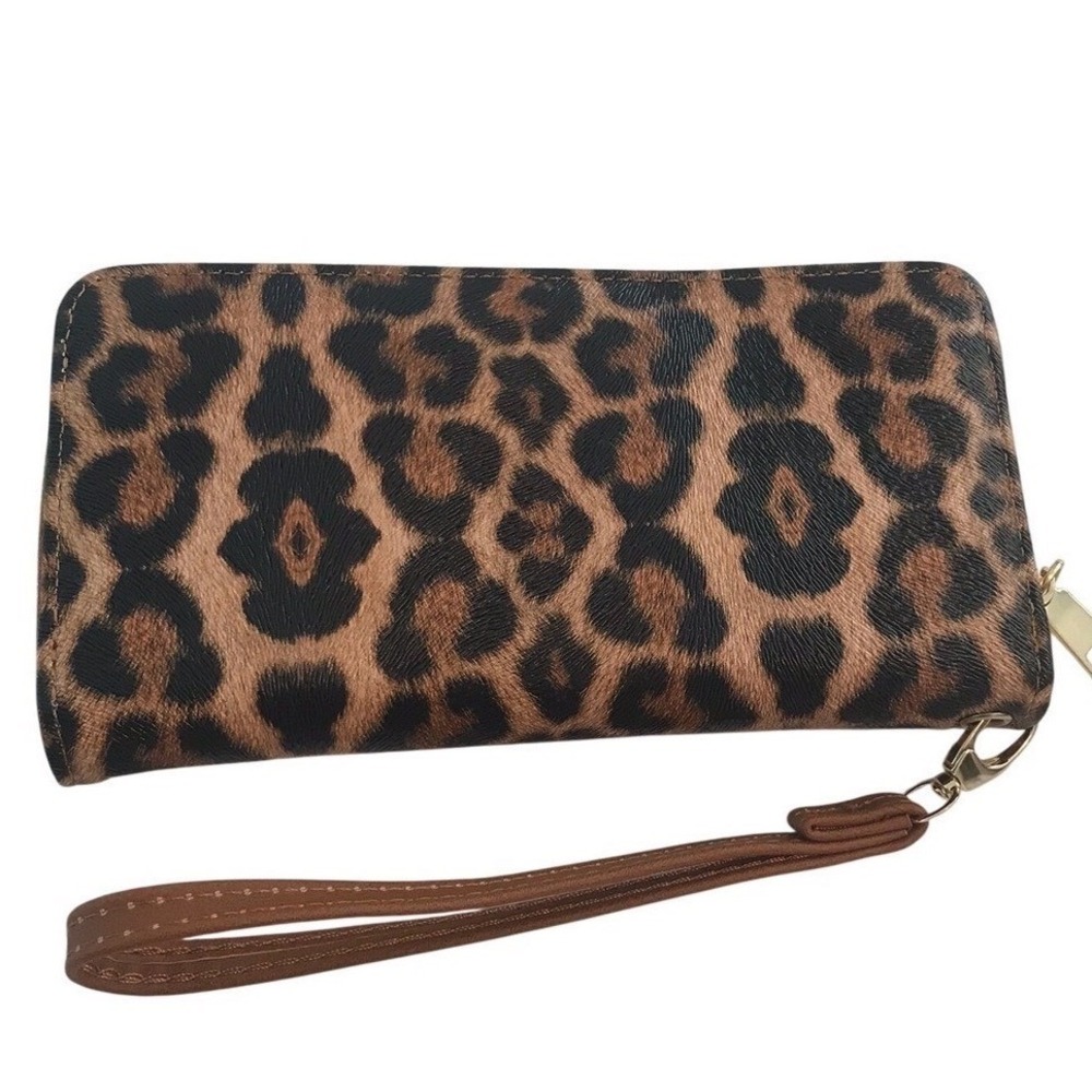 Leopard Print Wristlet Wallet Zip Around Organizer Brown Tan - Picture 4 of 7